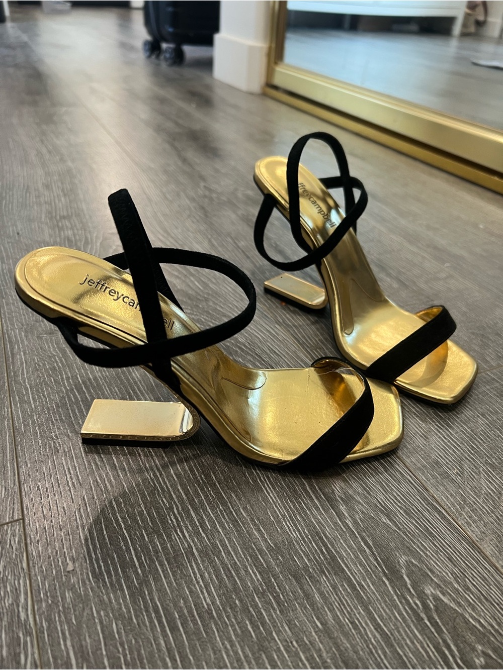 Jeffrey Campbell Black and Gold Strappy Block-Heel Sandals